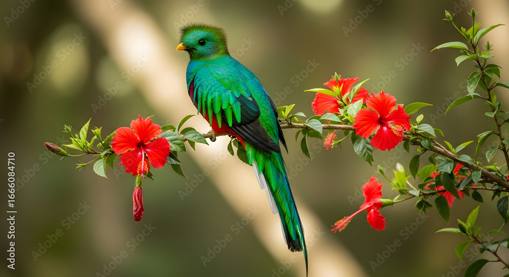 Fototapeta premium Resplendent Quetzal Amidst Vivid Hibiscus Blooms A Tapestry of Emerald Plumage and Scarlet Florals Creates a Stunning Natural Display Reflecting the Harmony of Wildlife and Botanical Splendor