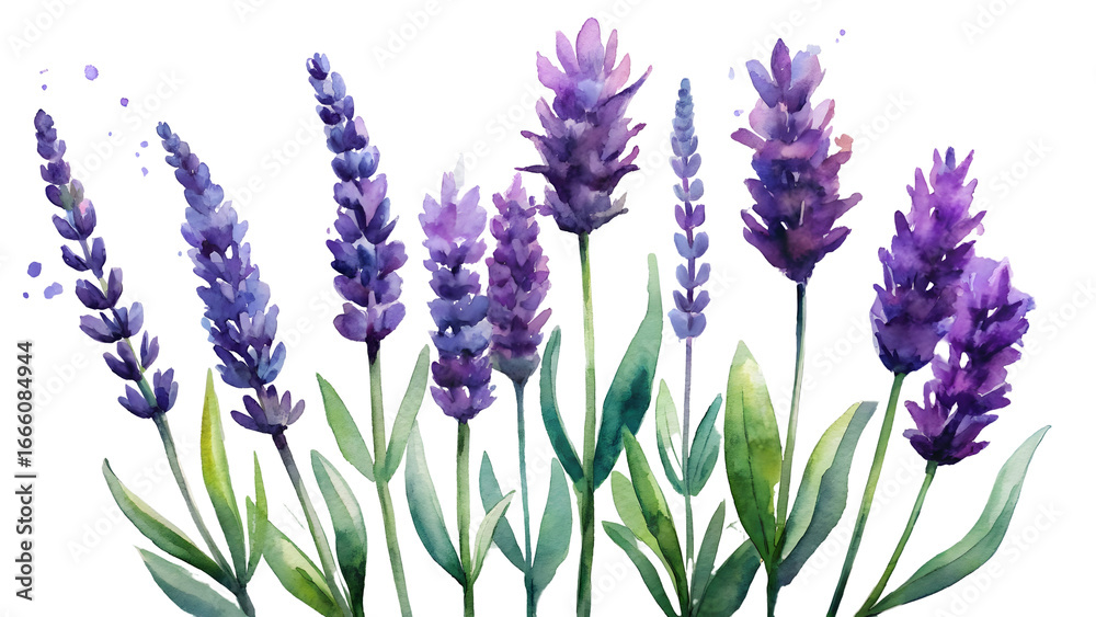 Naklejka premium Watercolor Lavender Set Purple Blooms Slender Stems Dark Background Botanical Illustration Floral Design Element Purple Flowers Green Leaves