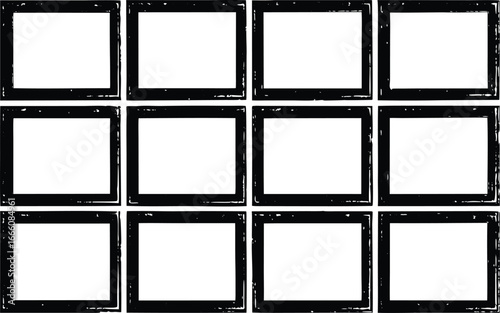 A grid of twelve empty, blank frames with rough black borders, perfect for showcasing content or creating a collage, isolated on white background