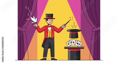 Magician Performing Illusion with Dove, Wand, and Playing Cards