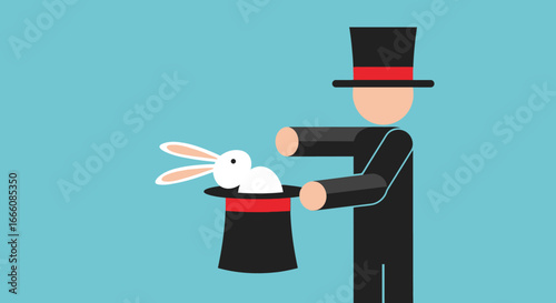 Magician Pulling White Rabbit from Black Top Hat with Red Band