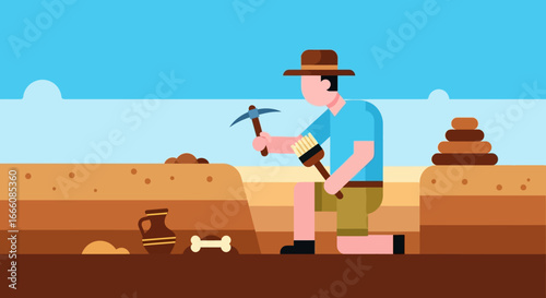Male archaeologist in a brown hat kneeling at a dig site, holding a pickaxe and brush while unearthing ancient artifacts.