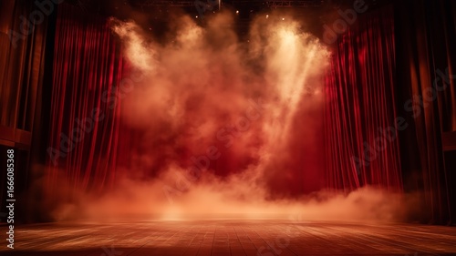 Stage prepared for a dramatic performance with fog effects and red curtains