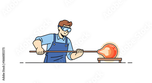 Male glass artist in a workshop apron carefully shaping hot, glowing molten glass.