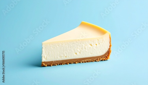 A slice of cheesecake displayed on a plain blue background
