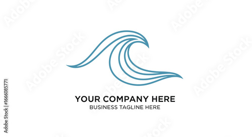 Minimalist blue line art ocean wave logo design with flowing curves, abstract cresting water graphic element.