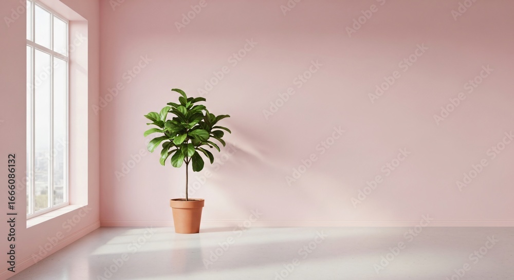 Fototapeta premium Elegant modern interior with potted plant bathed in soft natural light