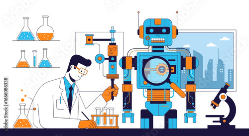 Modern Blue and Orange Robot with Magnifying Glass and Antenna