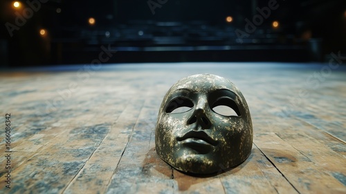 Decorative mask placed on wooden stage floor in an empty theater setting