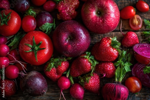 Fototapeta Naklejka Na Ścianę i Meble -  Fresh red fruits and vegetables on rustic wooden table