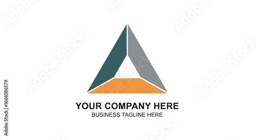 Modern geometric triangular logo with teal, grey, and orange facets creating a 3D pyramid effect.