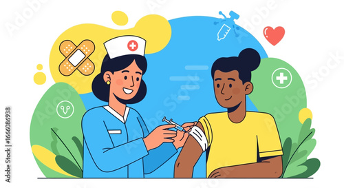 Nurse Administering Vaccine to Smiling Patient with Bandage