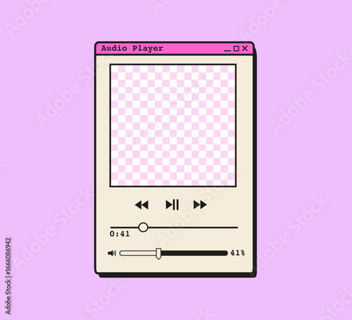 Retro vaporwave audio player window with pink checkered screen and UI controls. 90s style media player in pastel colors. Flat Style Vector Illustration.