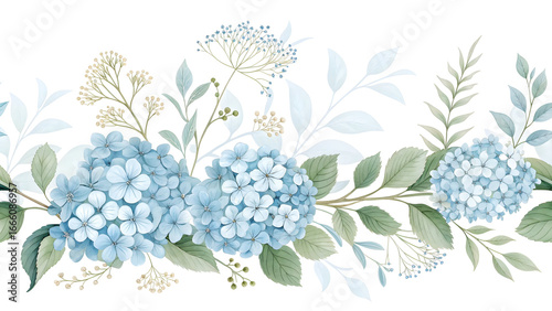 Seamless Watercolor Floral Border Light Blue Hydrangea Blooms Green Leaves Branches Black Background Pastel Color Palette Botanical Design Element Wedding Invitation Stationery