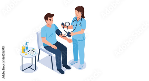 Nurse measuring patient's blood pressure with stethoscope and sphygmomanometer