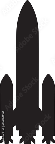 Black silhouette of a three stage rocket with fins and exhaust ports space launch