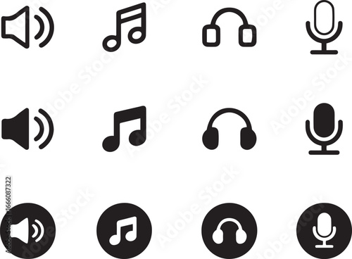 A collection of twelve black and white audio and music related icons
