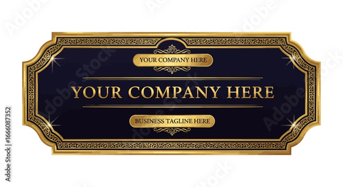 Ornate Gold and Navy Blue Business Sign with Decorative Border