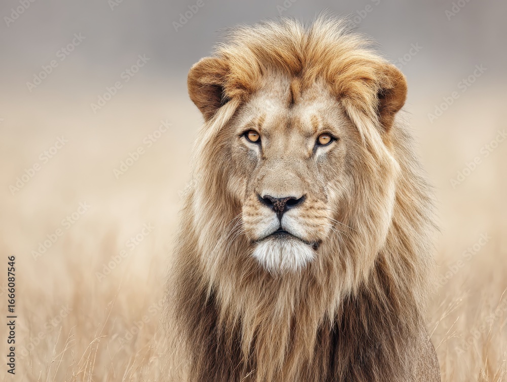 Obraz premium Majestic Lion with Golden Mane in Intense Stare, Against Ethereal Savannah Backdrop