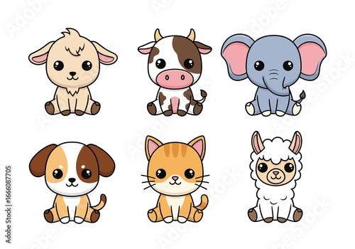set of cute cartoon illustration of animals including goat, cow, elephant, dog, cat, and llama, perfect for children’s books, stickers, toys, farm themes, or educational design projects