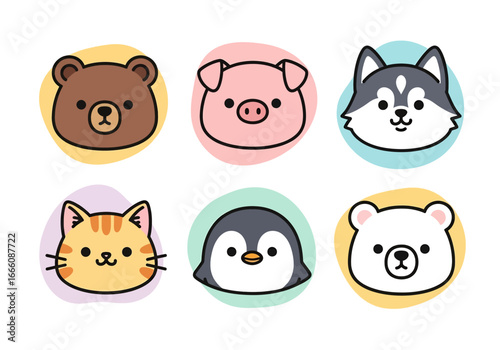 set of cute cartoon icon illustration of animal faces including bear, pig, husky, cat, penguin, and polar bear, perfect for children’s stickers, toys, learning materials, or playful design projects.