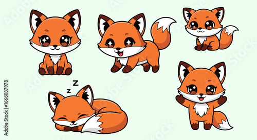 Cute cartoon fox set in different poses including sitting, running, sleeping, and waving, perfect for children’s designs, stickers, educational projects, and playful decorative artwork