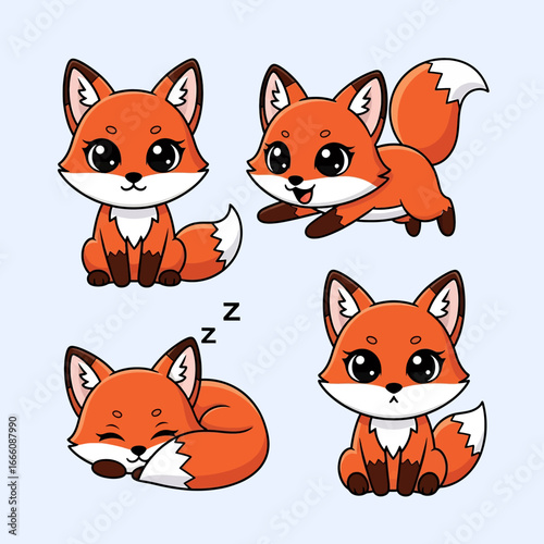 Cute cartoon fox set in different poses including sitting, running, sleeping, and waving, perfect for children’s designs, stickers, educational projects, and playful decorative artwork