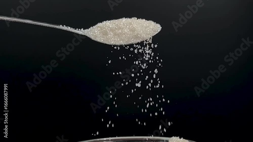 Granulated Sugar Falling from Spoon with Dark Backdrop