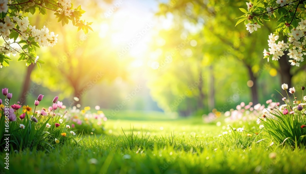 Fototapeta premium A vibrant sunny scene of a beautiful garden filled with colorful flowers, lush green grass, and bright sunshine. The light and airy environment creates a sense of peace and serenity
