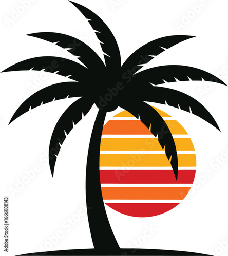 a coconut palm leaf silhouette on retro stripe sun.eps