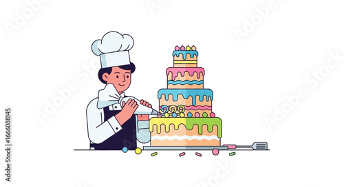 Pastry Chef Decorating a Multi-Layered Colorful Birthday Cake