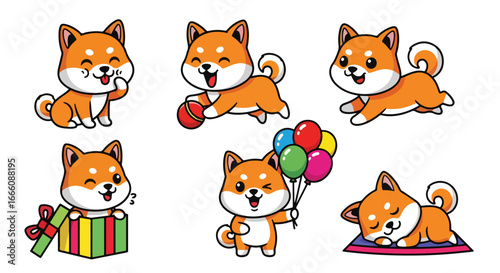 Cute cartoon Shiba Inu dog set in different poses, playing, sleeping, holding balloons, and sitting in a gift box, perfect for children’s designs, stickers, stationery, and pet-themed projects