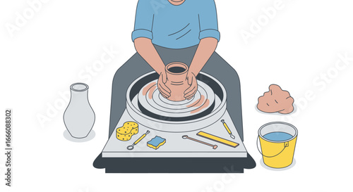 Person skillfully shaping clay on a pottery wheel with tools