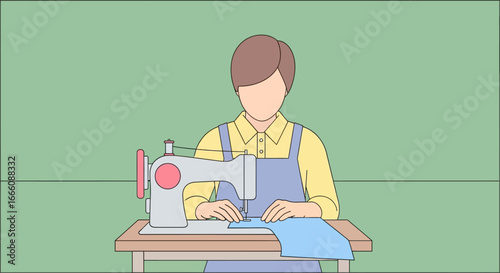 Person using a vintage-style sewing machine, sewing light blue fabric, wearing a yellow shirt and blue apron.