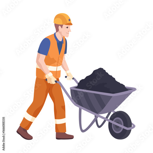 Construction Worker Pushing Wheelbarrow with Material
