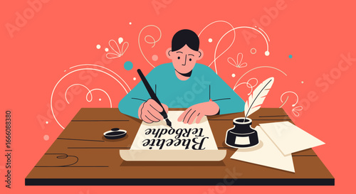 Person writing with quill pen and inkwell on parchment paper