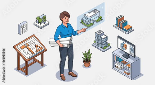 Professional female architect in a blue shirt holding blueprints and presenting a project.