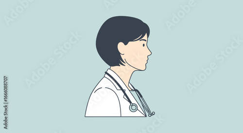 Profile View of Female Doctor Wearing Stethoscope and White Coat