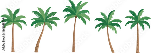 A row of five cartoon palm trees with green fronds on a white background