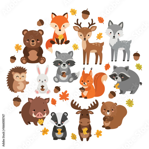 Cute illustration of woodland animals with autumn leaves and acorns, featuring bear, fox, deer, raccoon, squirrel, rabbit, and more, perfect for children’s designs, education, and seasonal decorations