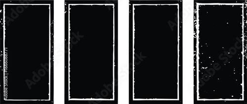 Four vertical rectangular frames with rough edges, three empty and one filled with black, isolated on a white background