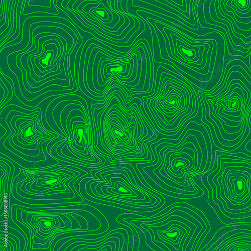 Seamless pattern with groups of irregular closed concentric contours, structurally reminiscent of annual rings of tree stumps. Vector illustration in green tones for abstract design.