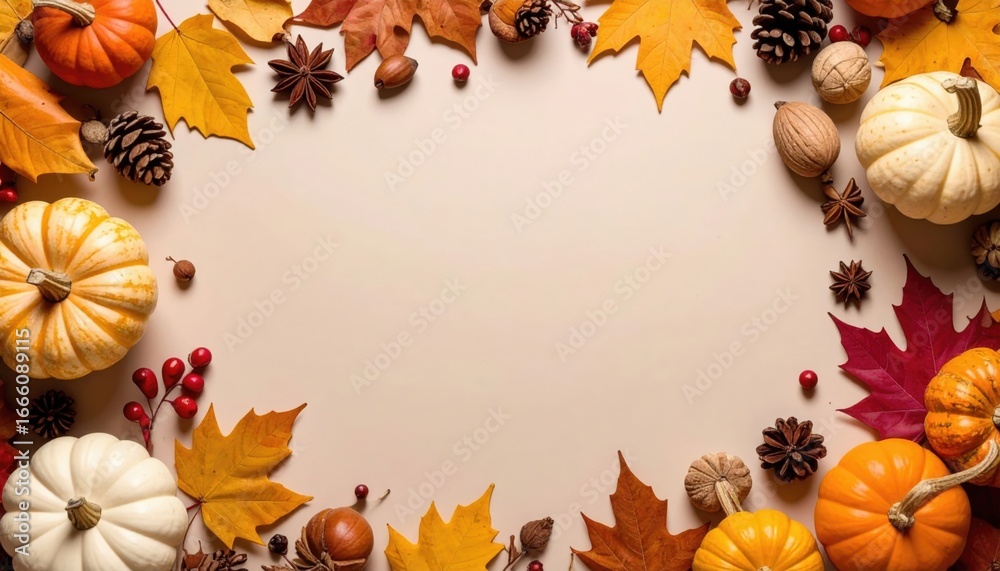 Obraz premium an autumnal arrangement of pumpkins and autumn leaves, creating a warm and inviting scene with space for copy