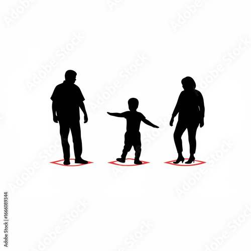Silhouette of a boy reaching out to parents standing apart isolated on white background
