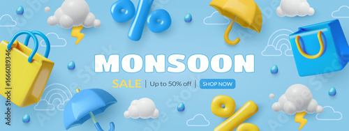 Monsoon sale banner with 3D style shopping bags, umbrellas, clouds and rain drops. Vector illustration.