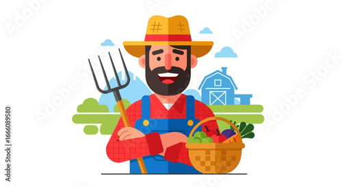 Smiling bearded farmer in yellow hat and blue overalls holding pitchfork and harvest basket
