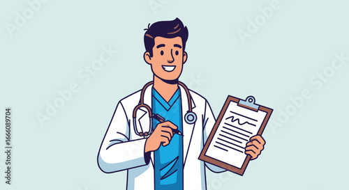 Smiling cartoon male doctor in a white lab coat with a stethoscope, holding a clipboard and pen.