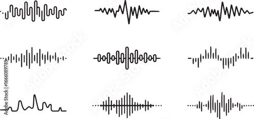 Nine black and white audio waveforms displayed in a grid formation