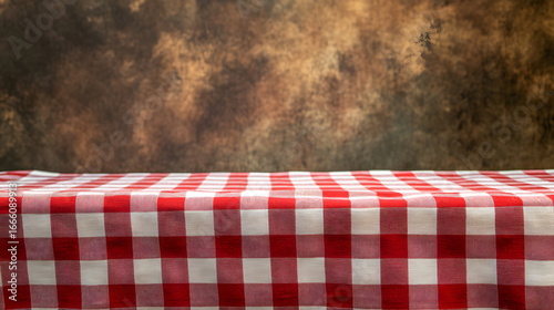 A red and white checkered tablecloth on a wooden table with a brown background. A background illustration for a product display.