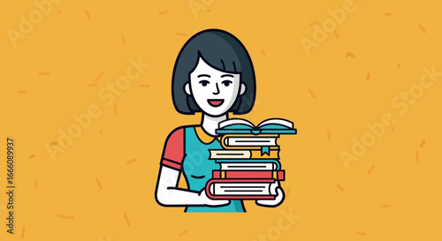 Smiling cartoon woman with a bob haircut holding a large stack of colorful library books.